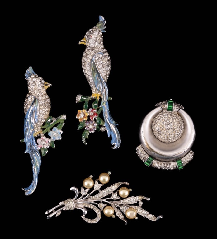 Trifari, TKF Trifari & Estate Jewelry: Trifari, Krussman, Fishel circa 1930's green hue pave crystal dome brooch, large fur clip (pat pending - early) and Trifari crown pearl and rhinestone fur clip.