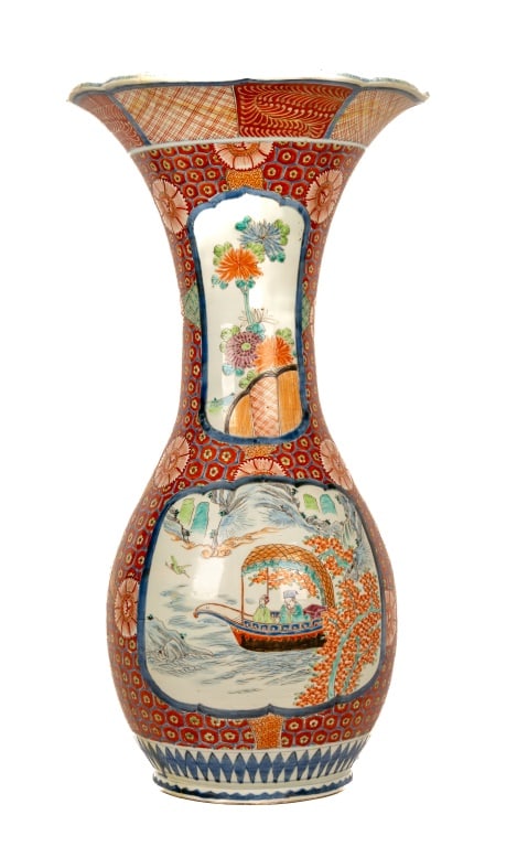 Japanese Kutani Porcelain Palace Vase: Late 19th Century flared top vase with floral and river scene vignettes, cherry blossom cross-hatching. Measures approx 30" H.