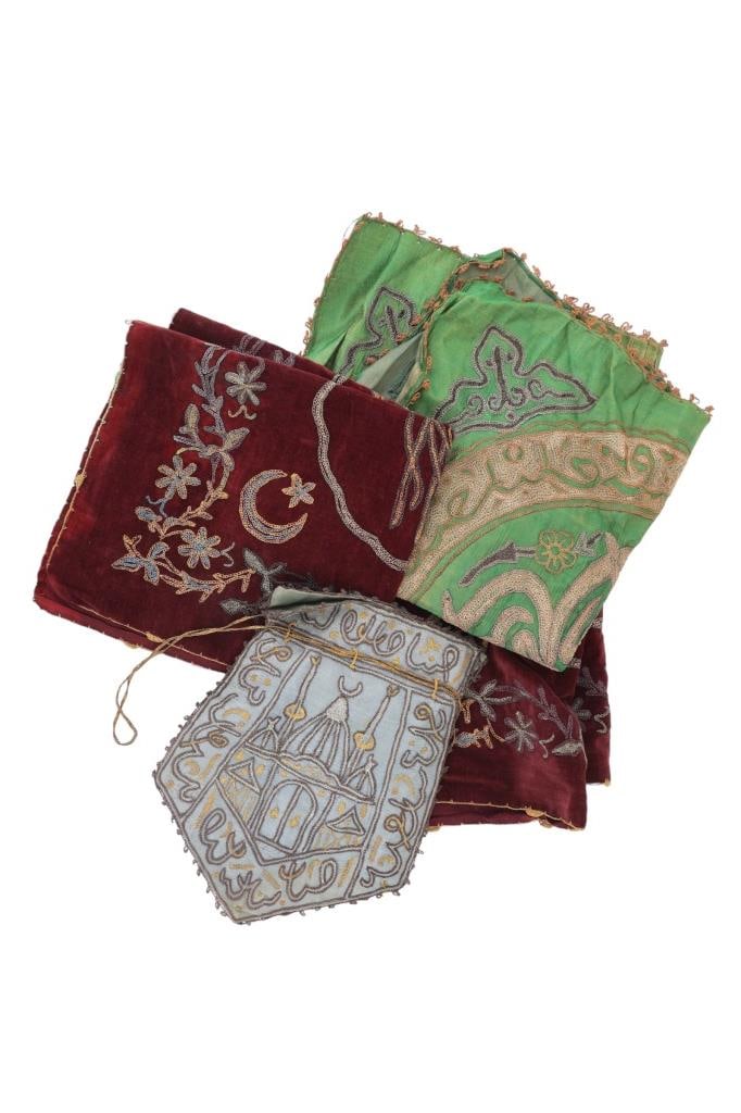 Antique/Semi-Antique Turkish Textiles (4): Textiles are in shades of blue, green, and burgundy with some accented borders and fine needlework embroidary. One piece is a satchal bag with pull string and decorated on each side. Largest green pie