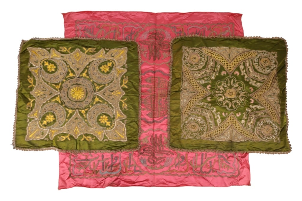 Antique/Semi-Antique Turkish Textiles (3): Textiles are in shades of green and pink with some lace borders and fine needlework embroidery. Largest piece measures 29" x 30". One green piece has some holes from age.