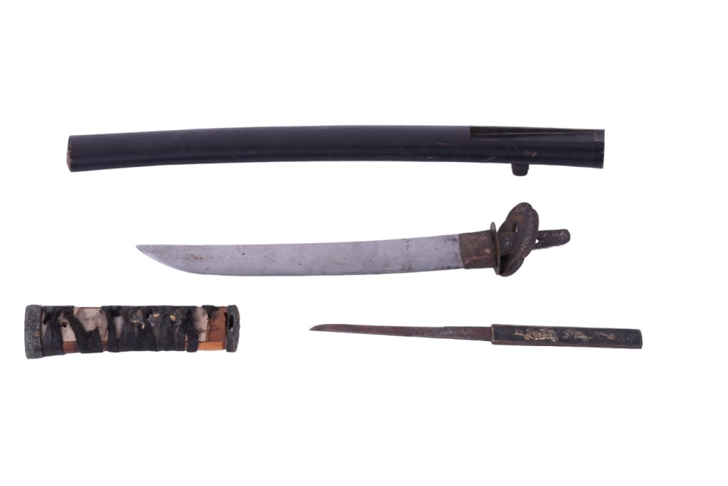 Hara-Kiri Seppuku Knife, Sheath & Accessory Knife: Hara-kiri seppuku dagger with steel blade and snakeskin and cloth handle. Possible signature on blade. Metal handle butt and gilded and embossed with nature motif. Handle guard also gilded. Handle has