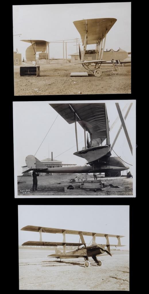Silver Gelatin Aviation Photographs Circa 1917: Circa 1917 silver gelatin aviation photographs including two with bi-planes measuring approx 9" x 7" and 10" x 8", one photo of a tri-plane measuring approx 9" x 7". Silver gelatin photos have linen b