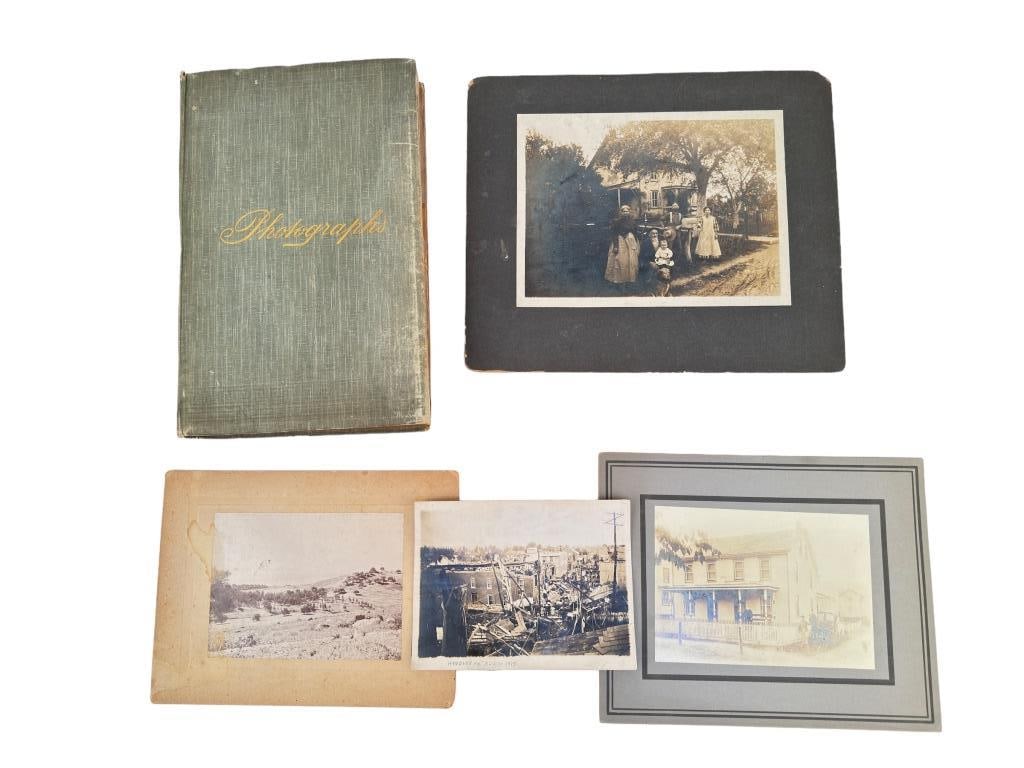 Antique Photo Album & Homestead Photos: Antique photograph album with (68) photos of Britain and Belgium prior to WW1. All photos are albumen type of city street scenes, historic buildings and group photos. Also includes (3) photos of homes