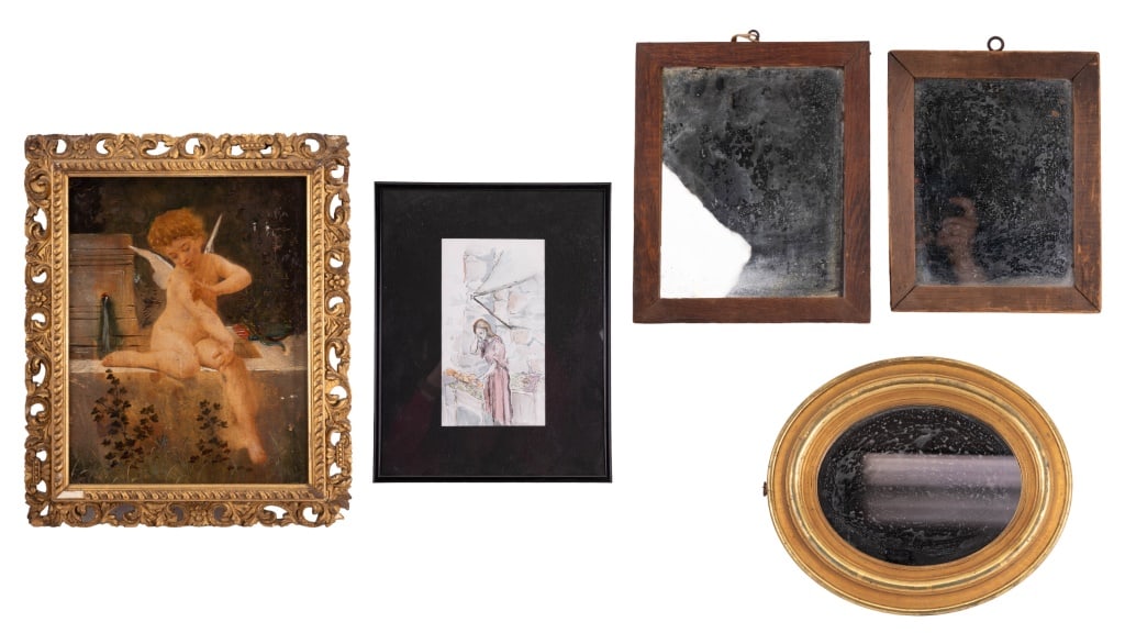 Antique Mirrors & Painting: Antique gilt wood mirror (approx 14" H), two rectangular silver backed mirrors, and an oil on board painting on board in gilded frame and a framed watercolor (signed lower middle 2007. Painting on boa