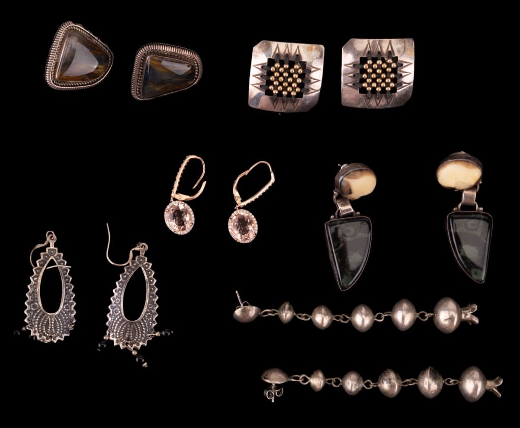 Sterling Silver Earrings: Six pairs of sterling silver earrings including Native American long drop earrings (approx 3 1/4" L), labradorite post earrings, square post earrings with corded gold beads and more.