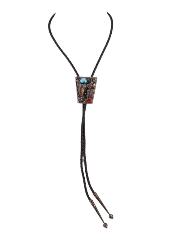 Native Am Signed Sterling Claw Turquoise Bolo (1 of 4)