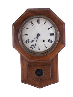 Seth Thomas Walnut Wall Clock: Clock measures approx. 17.5" H x 11.75" W x 5" D. It includes a pendulum, but no key.