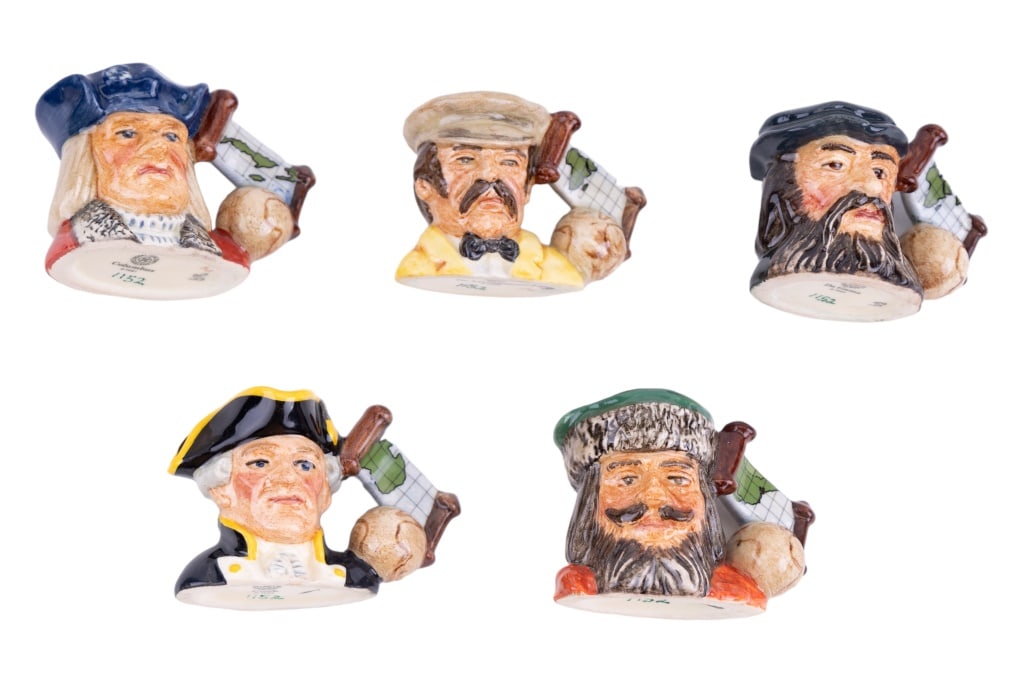 5 Royal Doulton Toby Mugs: 5 Royal Doulton Toby Mugs. Styles include Cook, Marco Polo, Da Gama, Columbus, and Dr. Livingston. All approx. 1 1/2" H.
