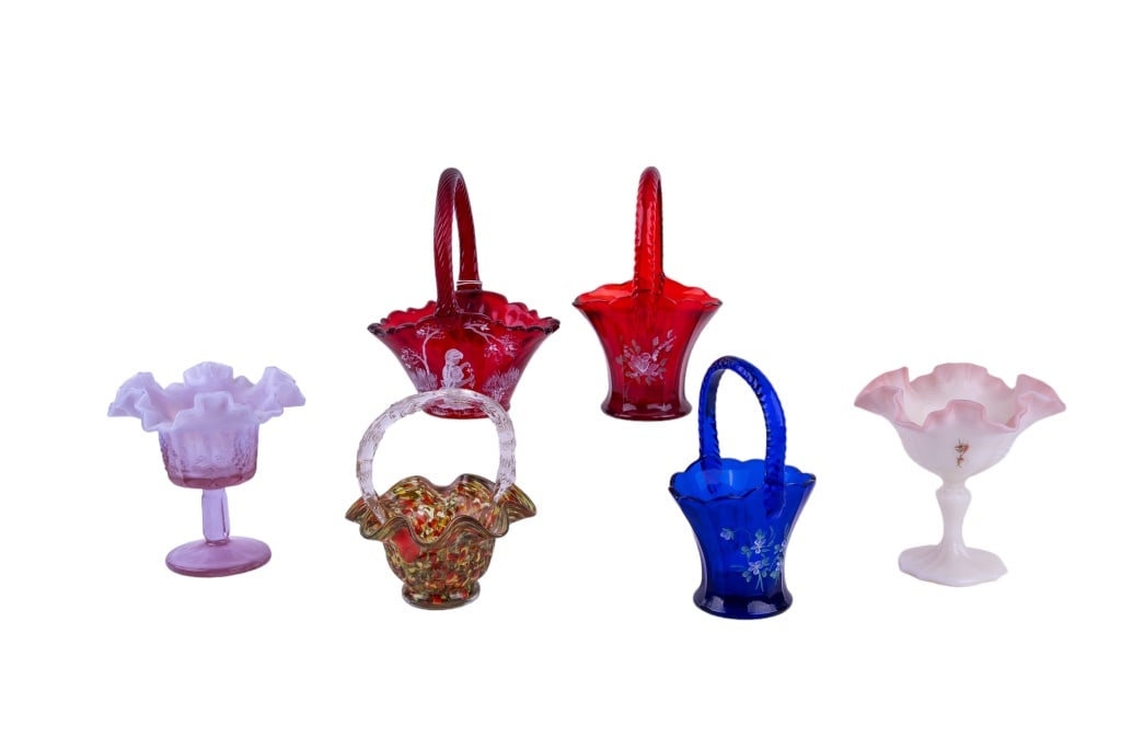 Fenton and Signed Glass Baskets: Fenton includes a red glass basket with girl signed with original tag, a signed ruffled edge chalice, and another purple chalice unsigned. Other baskets include signed red & blue baskets, and one othe