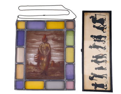 Stained Glass Drummer Hanger and Silhouette Print: Stained glass measures approx 12.75" h x 11" w with a painted image of an older drummer man. Lot also includes a silhouette print with many figures going across (needs some cleaning on inside of frame