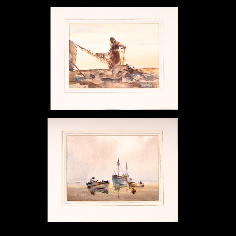 Francis Leke (1975) Watercolors, Fishing (2): The first is signed LR and titled "Clearing Fishing Nets, Hastings" "ref 751" and the other is 1974 and no title present, signed LL. Each approx 16" x 20" matte OD. Paiting looks approx 1" smaller tha
