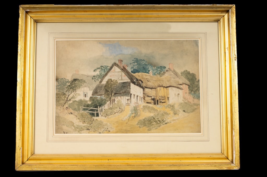 James Stark (1794-1859) Watercolor, Cottages: Label with painting has title and artist name James Stark "Cottages at Gt. Harmead, Cambridgeshire" signature not visible, possibly under the matting, noted as inscribed, on back of frame. Image of ho