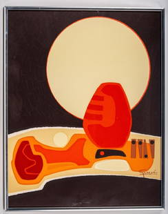 Guange (20th C) Silkscreen/ Abstract Print: Signed LR, In silver tone frame, colorful orange, red, tan and black abstract, approx OD 19" x 15". Good condition.