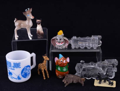 1960s Japan Disney Figurines & More: 1960s Cinderella Gus The Walt Disney Japan porcelain figurine, 1960s Dumbo Walt Disney Japan figurine (mark partially visible), giraffe and pig figurines from West Germany, Beewick deer figurine, Siam