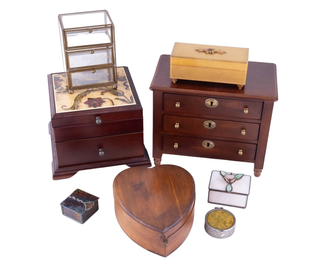 Jewelry & Decorative Boxes: Vintage heart-shaped jewelry box with missing hook closure piece and some loss to finish of wood. Dream of Waltz wooden jewelry box (in need of repair). Glass storage drawers and three smaller decorat