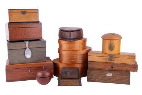 Shaker & Trinket Boxes: 3 nesting shaker boxes, largest approx. 3 ?? H x 8? W x 6? D. Box with pewter spoon handle. 2 vintage wooden pencil boxes. Locking box (no key) made by Lane. Fremont Best Staunton Chessman box (no che