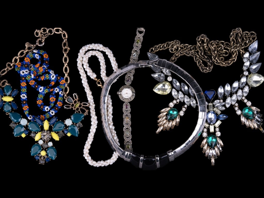 Napier and Statement Necklaces, Marcasite Watch: Statement necklaces including Napier and others, Marcasite watch, as found.