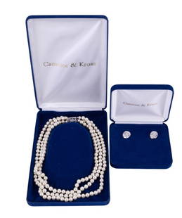 Jackie-O Collection Necklace & Earring Set: This jewelry is part of the JBK Jacqueline Bouvier Kennedy collection as produced by Camrose & Kross. Includes a triple strand pearl necklace with silver tone clasp (approx 18" wearable length) and ma