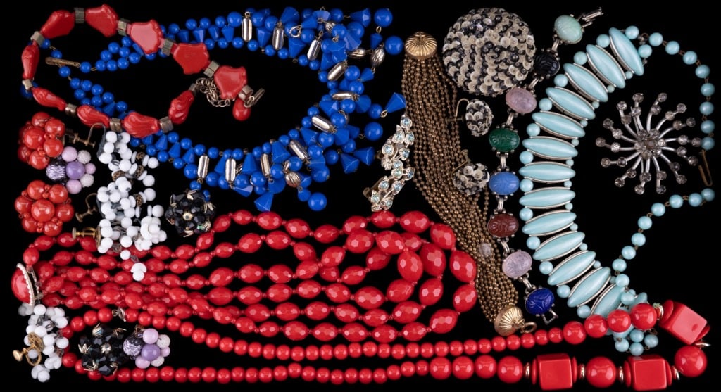 Vintage Estate Jewelry: Includes white screwback earrings, scarab bracelet, aqua and royal blue dangle design collar necklaces, brooches, and more.
