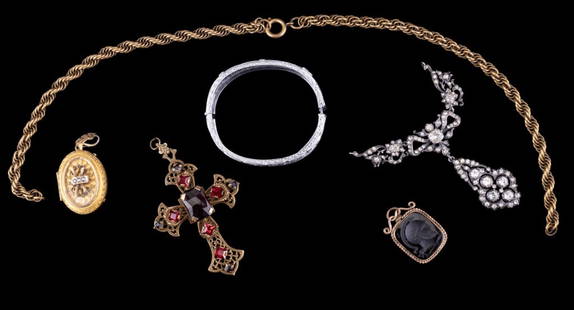 Victorian to Art Deco Jewelry: Antique Edwardian unmarked silver paste necklace, Art Deco filigree bracelet with chrome design, unmarked possibly gold-filled locket, unmarked possibly gold-filled intaglio pendant and cross necklace