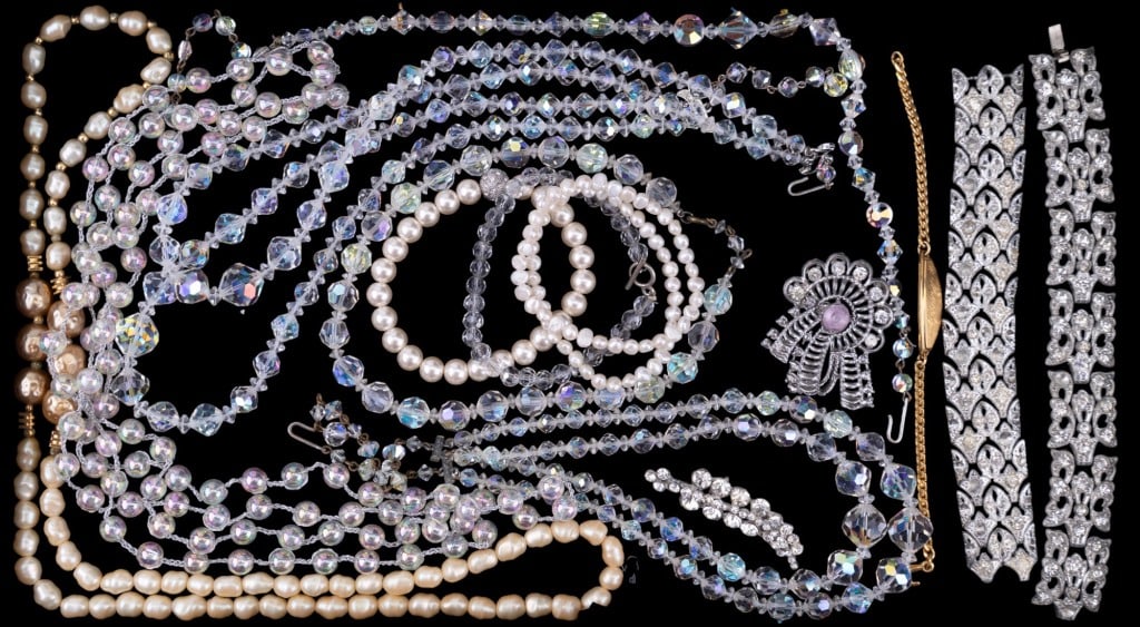 Vintage Crystal Jewelry: Crystal rhinestone and pearl-style necklaces, vintage bracelets (both with some missing stones), pins, and more.