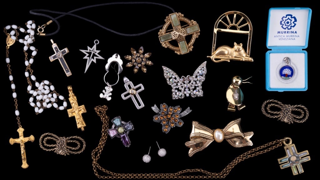 Vintage Estate Jewelry: Includes crosses, rosaries, "cat in window" and other brooches and Italian Murrina glass pendant with silver bale.