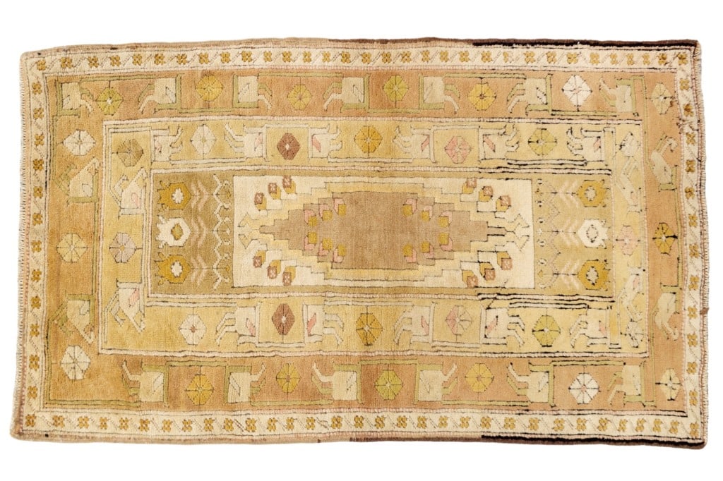 Turkish Hand-Knotted Rug: Turkish hand-knotted rug with geometric design in shades of tan and pink. Measures approx 3' x 3'10".