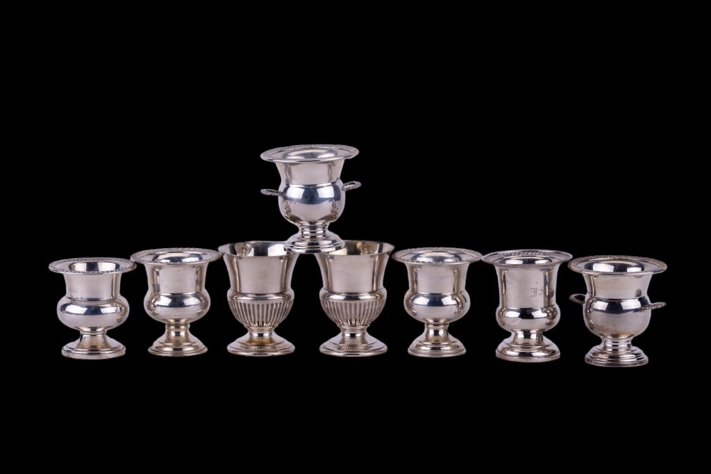 Sterling Silver Vessels (4 Pairs of Two): 2.75" H sterling vessels, maybe for matches or cigarettes. Three pairs are solid sterling approx 307 grams. A 4th pair is weighted. Pairs marked Preisner 58, 1219, W NH2, and a G20.