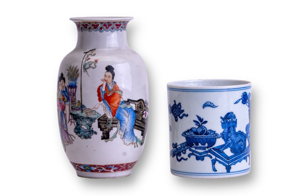 Chinese Porcelain Vase & Brush Pot: Chinese porcelain vase and brush pot. The vase measures approx 8". Has a hole on the bottom from being transformed into a lamp. Depicts 3 ladies. There is also a blue and white brush pot approx 4 1/2"