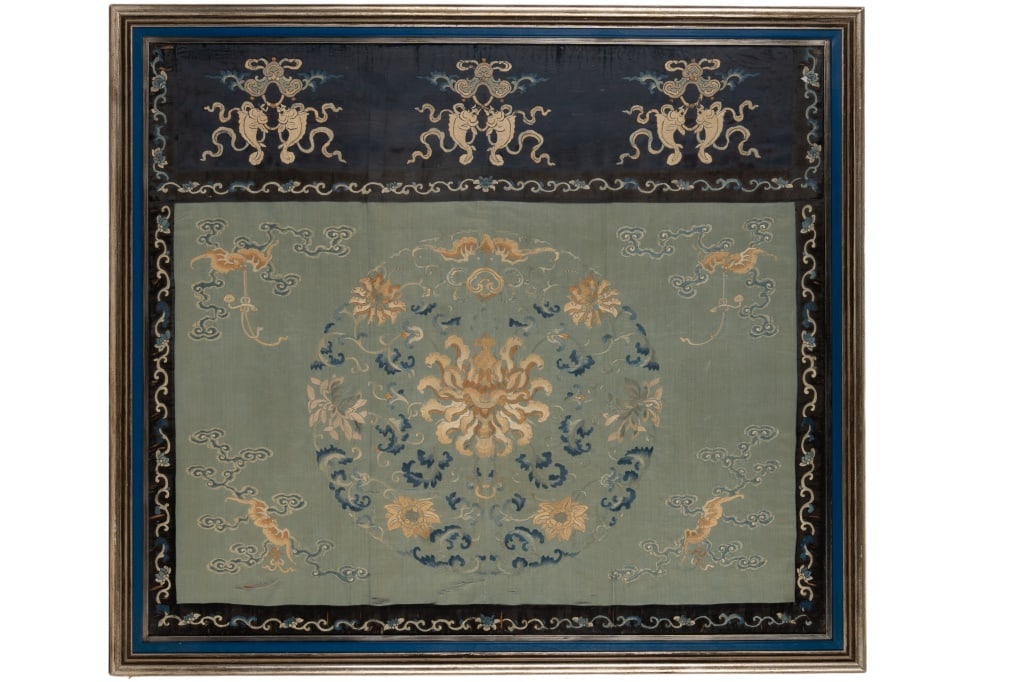 Chinese Embroidered Alter Art After Panne: Chinese embroidered silk on silk alter art after Panne, has been framed and behind glass, framed measuring approx 40" x 35" OD. Features a light and dark blue silk panel with designs of embroidered fl