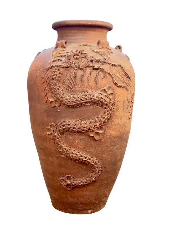Large Redware Chinese Storage Vessel: Large Redware Chinese Storage Vessel with a relief dragon standing approximately 31" high