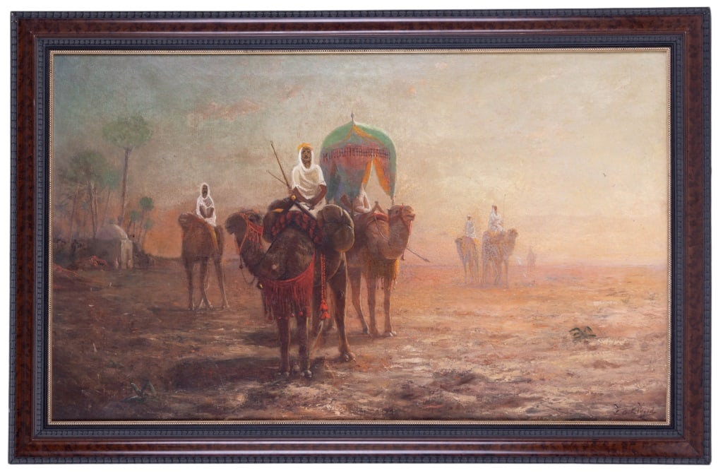 Lemuel D. Eldred Signed Art: Original oil on canvas by Lemuel D. Edlred (1850-1921, Massachusetts) depicting desert scene signed LR. OD approx 26? x 40.? Marine painter and etcher Lemuel D. Eldred was born and raised in Fairhaven