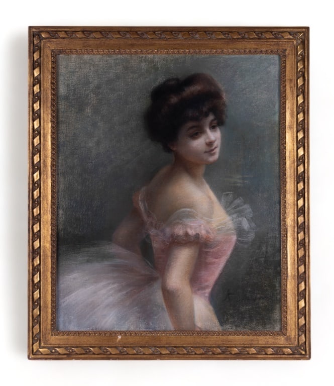 19th C Ballerina Signed Pastel Portrait: Fine 19th Century signed ballerina portrait on what appears to be artist board or canvas. Has Sotheby's auction tag on back. Total measurement approx 28.5" x 33.75". Signed LR (illegible).