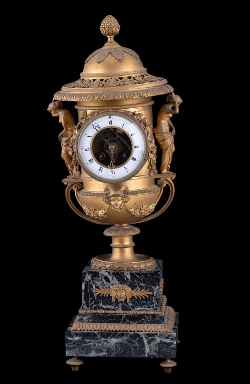 Pierre-Philippe Thomire Mantle Clock: Antique marble mantle clock attributed to Pierre-Philippe Thomire (French, 1751?1843) with probable date in first quarter of the 19th century. The shape of a Medici vase is decorated with Neo-Classica