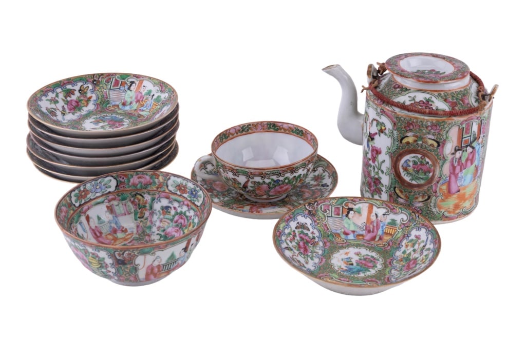Chinese Rose Medallion Teapot, Bowls & More: 12 pieces of Chinese rose medallion porcelain including teapot, cup, saucer, bowl and 8 berry bowls. Berry bowls measure approx 1 1/2" H x 5 1/2" Dia. Teapot measures approx 5 1/4" H x 6 1/2" w x 4 3/