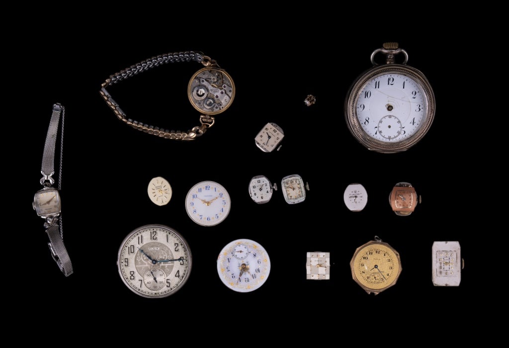 Vintage Hamilton Watch and Box: Original Hamilton gold filled watch and celluloid Hamilton box; the box is as found condition, however being sold with various movements including Hamilton, Elgin, Ben Rus, and others. Movements have 