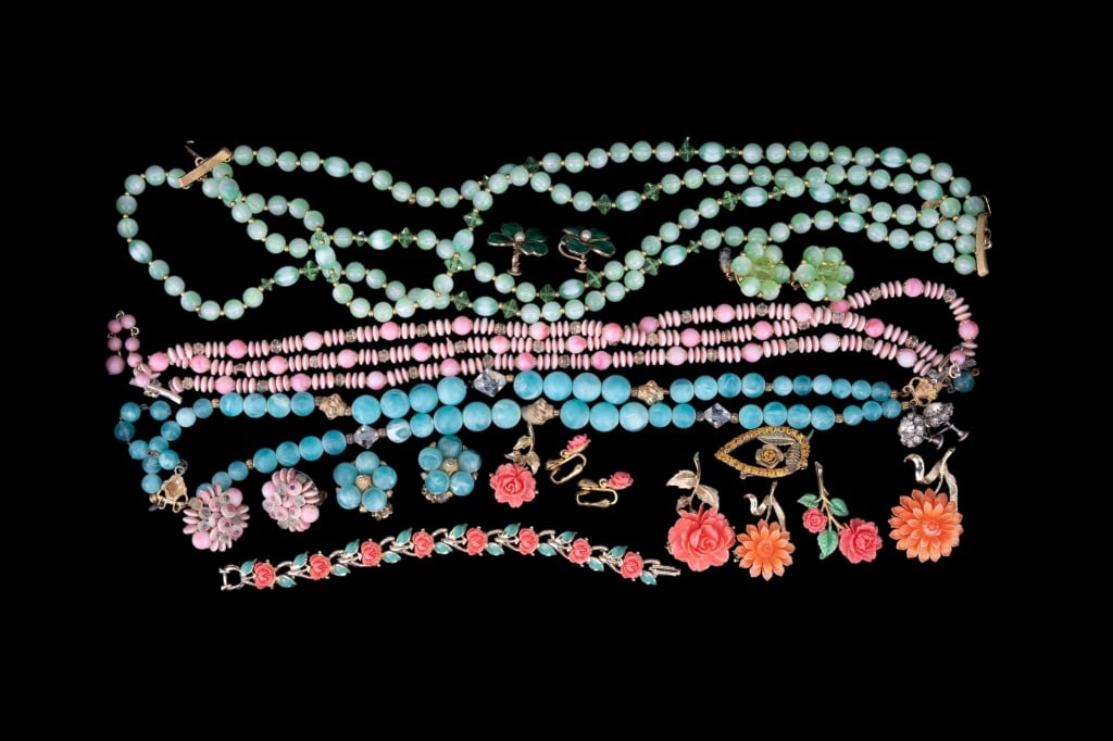 Lisner & Other Jewelry: Lisner signed green multi strap necklace with earrings, 2 vintage sets, Coro design style, and others