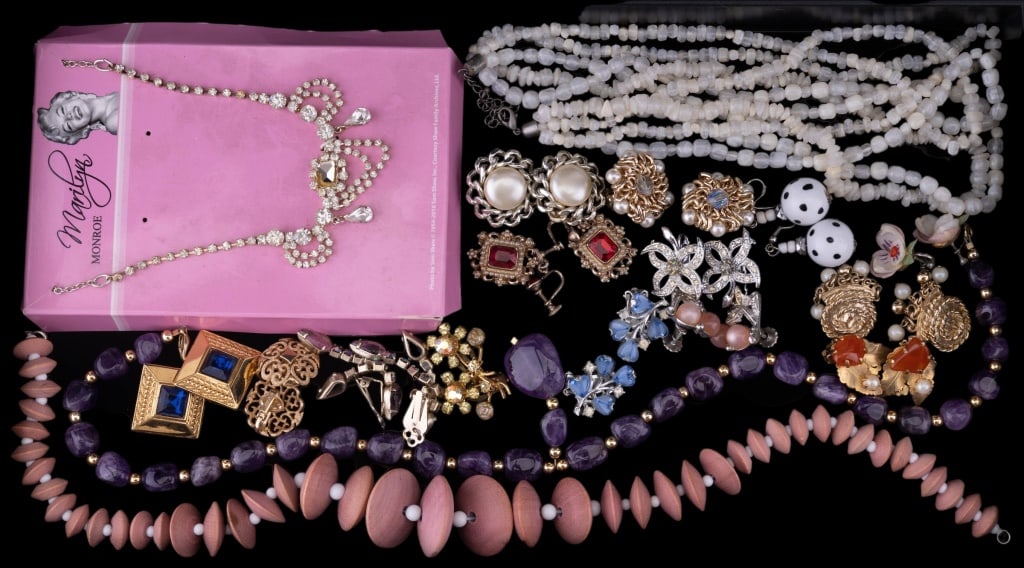 Amethyst Necklace & Vintage Earrings: Amethyst Cabochon bead gold tone necklace, Coro blue earrings, Austria earrings, and other items