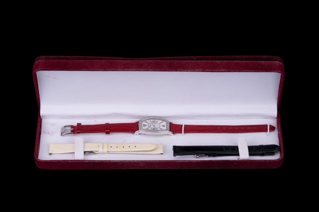 Affinity Diamond Wrist Watch: Affinity diamond wrist watch including a sterling silver cased watch with a bezel of pave diamonds, with interchangeable leather bands