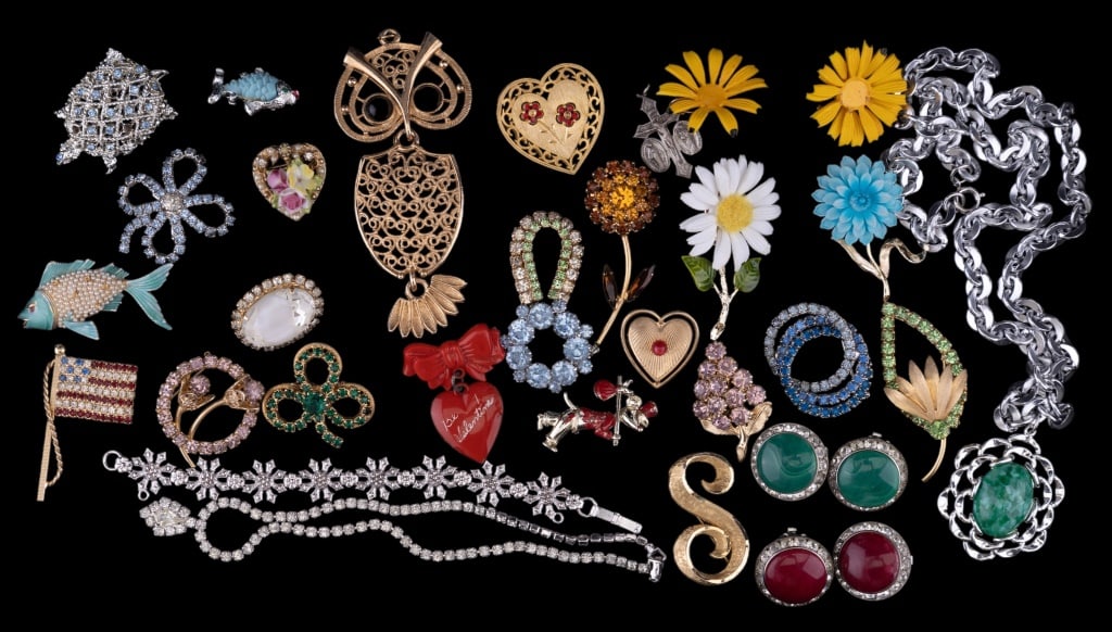 Vintage Jewelry Collection: Signed Coventry owl, Coro heart pin, several JJ signed pieces including fish brooch, necklaces, earrings and more