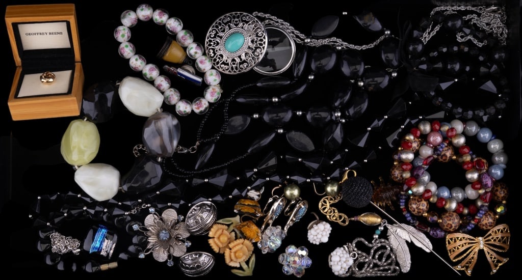 Vintage Estate Jewelry: Lucite rose and stackable stone bracelets, celluloid rose earrings and buttons, Bakelite button, designer tie tac, new in box, necklaces, brooches, and other pieces