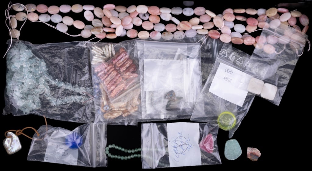 Vintage Semi Precious Strands & Stones: Cut Danburite quantum cut 1.8 ctw, 17 ctw Oregon sun stone, lapis, pearl, pink hue drusy, opal-fiery, 4 large fiery style natural opal stones, pearls and strands, aqua hue pink strands and other piece