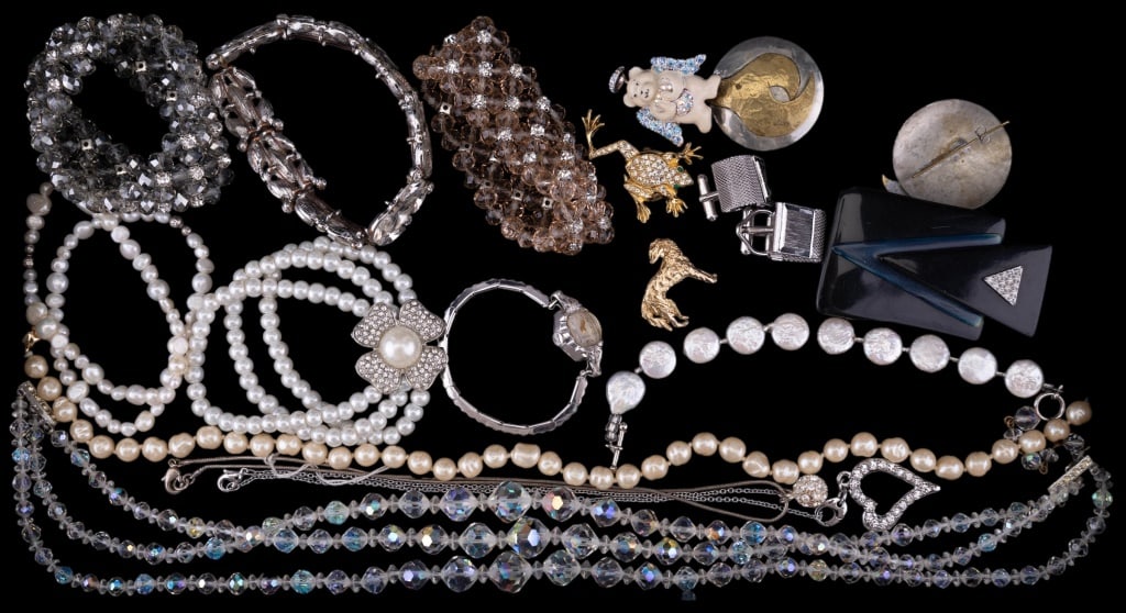 Vintage Estate Jewelry: Frogs and dog brooches, mixed metal modernist earrings, stackable pearl and crystal bracelets, Bulova diamond chip watch (as found) and other pieces