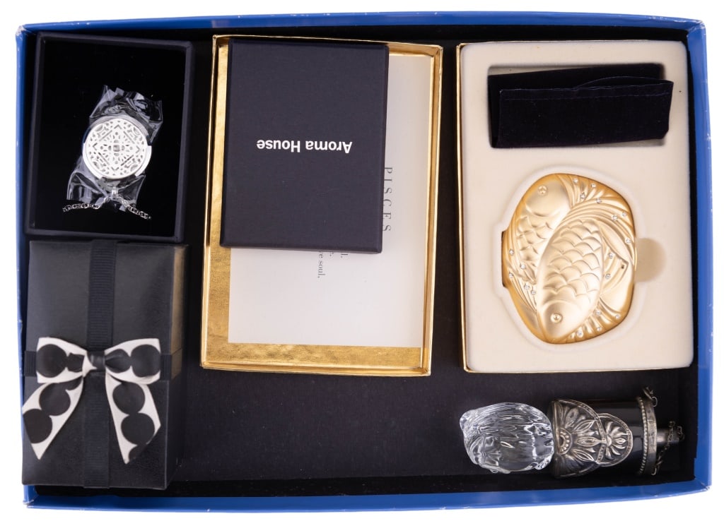 Vintage Compact, Pendant & Chain Watch (New): Vintage Estee Lauder Compact set new in box, an Aroma House pendant & chain new in box, a watch by Hip Chic Couture new in box, an India made perfume type locket, no chain, and a contemporary small gl