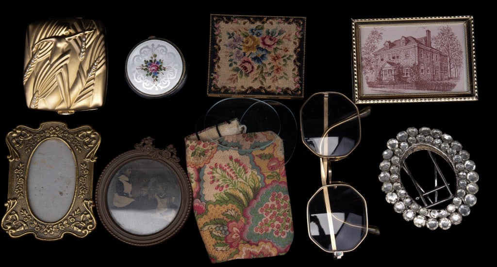 GF Eyeglasses, Compacts, Picture Frames: Antique and vintage including small picture frames, antique tin type in frame, compacts and more. There are a pair of gold filled eyeglasses.