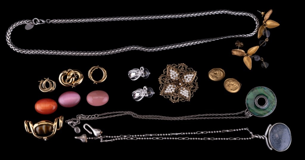 Monet, Anne Klein, Stimmel & More Designer Jewelry: (3) Monet earring sets, D.B. necklace, Kenneth Cole necklace, Cara Stimmel brooch, Anne Klein necklace, M.M. of Art coin earrings, Joan Rivers silver tone earrings, Celia Mandman earrings and a brooch