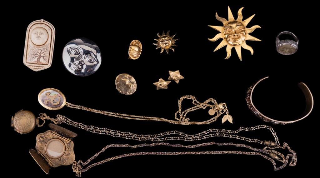 Sun & Moon Costume Jewelry: Lot of sun, moon, antique style and more jewelry. Includes Lou Zeldin flip moon face ring, 2 Alva Studios sun brooches and a scarab pin, Good Collection sterling and copper cuff bracelet, 3 locket nec