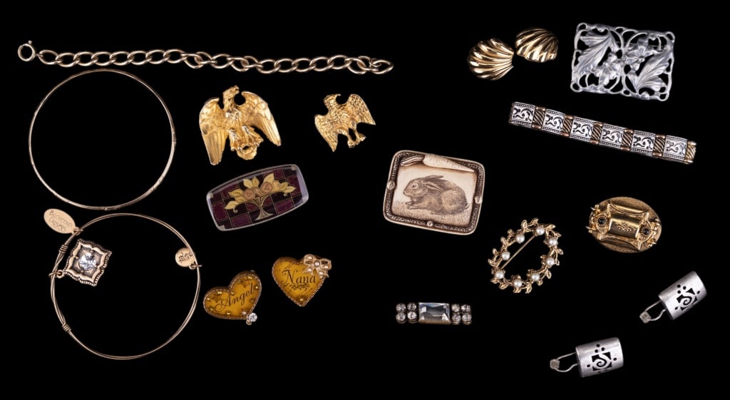 Signed Jewelry, Pins, Earring, Bracelets & More: Lot of 16 pieces of jewelry includes 2 gold filled bracelets, 2 Van Authentics eagle brooches, a Beaucoup bracelet, 2 Maximal Art heart pins, Monet shell earrings, R.H. Badeau rabbit brooch, enamel ba