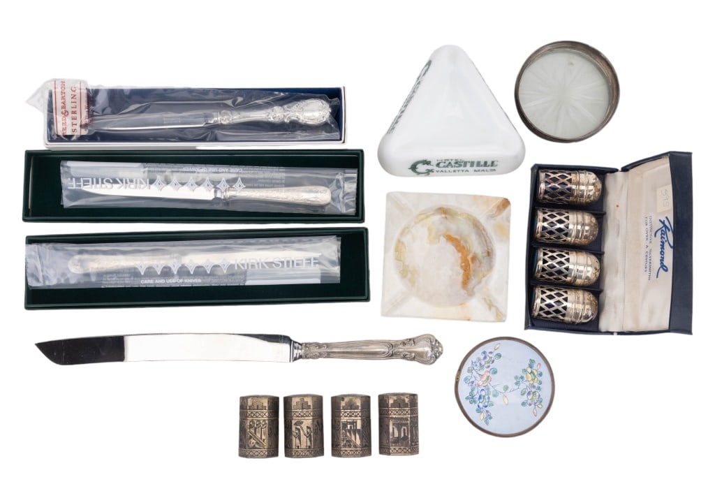 Sterling Coasters, Letter Openers & More: Sterling and glass Art Deco style coasters (some tarnish to finish). 2 Kirk Steiff letter openers with sterling handles. Reed and Barton letter opener with sterling handle. Gorham knife with sterling