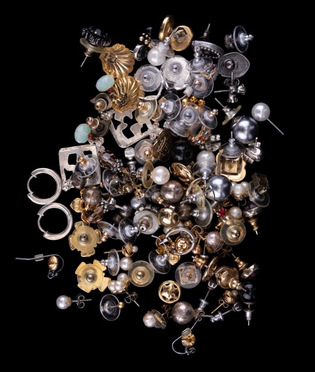 60+ Pairs of Costume Earrings: 60+ pairs of costume jewelry earrings, many stud, all pierced and a variety of designs and styles.